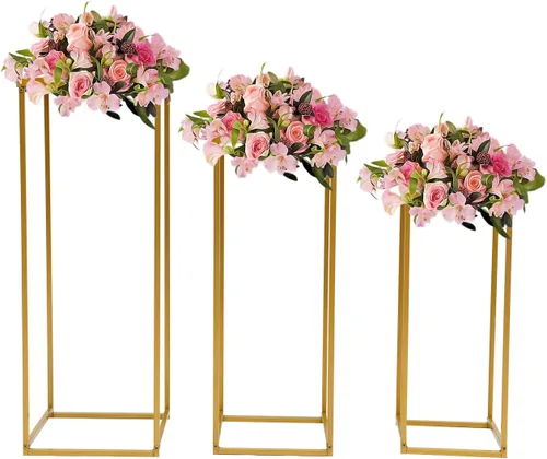 Vista 2 de LOYALHEARTDY 3 piezas de soporte de flores doradas para boda, jarrón de metal, soporte de columna, jarrón geométrico para centro de mesa, jarrón