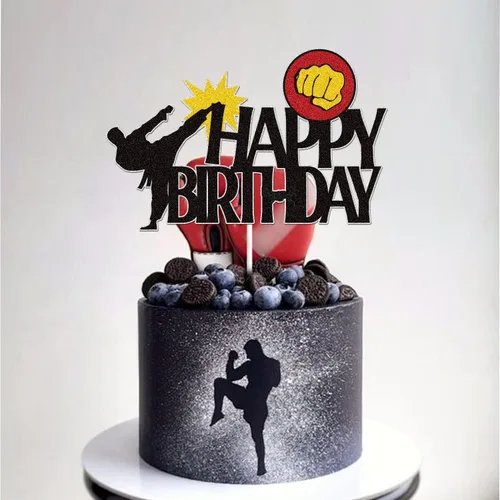 Vista 4 de Decoración para tartas de Karate Happy Birthday con purpurina negra, cinturón negro, suministros de fiesta temática de taekwondo para niños, niñas