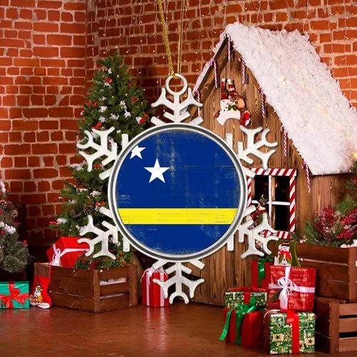 Vista 5 de Curacao Adornos de metal de copo de nieve colgantes para árbol de Navidad, regalo patriótico de recuerdo, adornos de árbol de Navidad, bandera