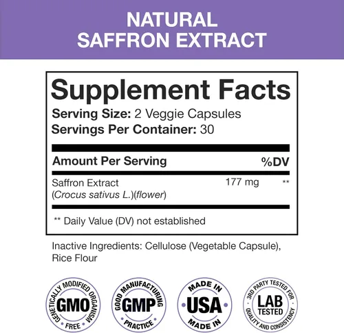Vista 2 de Suplementos de azafrán de 177 mg, extracto de azafrán puro, fabricado en Estados Unidos, apoyo natural del estado de ánimo y energía, apoyo ocular