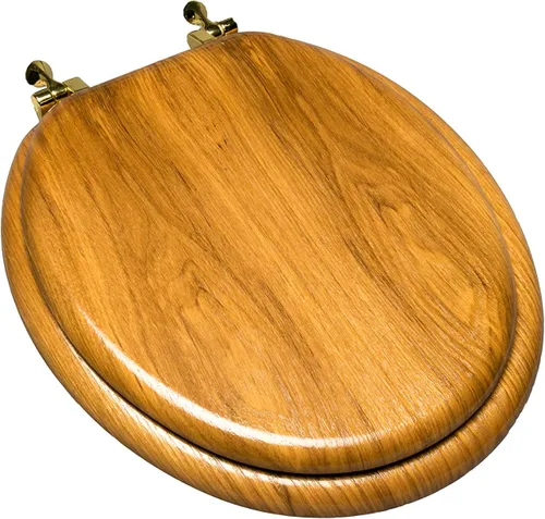 Vista 5 de 5Q1E4-17CH - Asiento de inodoro de madera natural con acabado decorativo, bisagra de poste único de madera y metal, alargado, roble claro con cromo