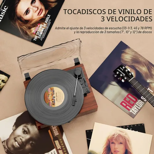 Vista 5 de Tocadiscos de vinilo con receptor Bluetooth integrado y 2 altavoces estéreo, 3 velocidades y 3 tamaños, tocadiscos retro portátil para Amarillo