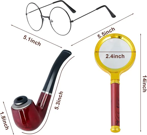Vista 3 de El juego de disfraz de detective incluye sombrero de detective, anteojos, corbatín, aumento y bigote para niños y adultos, disfraz de Halloween