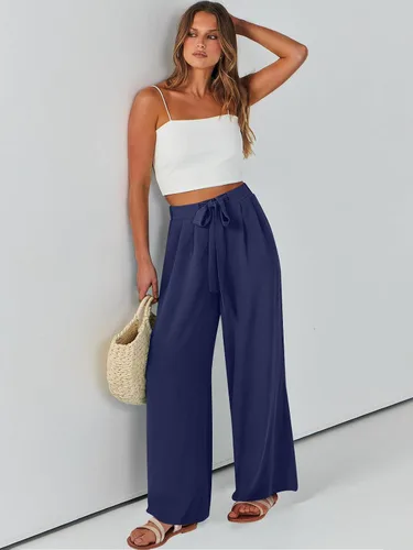 Vista 9 de Caracilia Pantalones palazzo de pierna ancha para mujer, de cintura alta, ajustables, con lazo, holgados, informales, con bolsillos