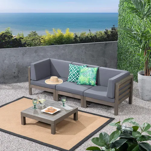 Vista 2 de GDFStudio Juego de sofá modular para exteriores con mesa auxiliar, 4 piezas, 3 plazas, madera de acacia, cojines para exteriores, gris y gris oscuro