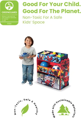 Vista 6 de Estantería para libros y juguetes Delta Children, en color gris/azul y organizador de juguetes Spider Man con contenedores de madera de ingeniería