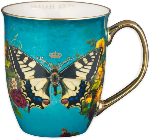 Vista 9 de Taza de café de cerámica azul pavo real de Christian Art Gifts con acentos dorados – Taza de 14 oz. libre de plomo y cadmio, taza inspiradora