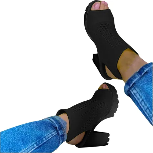 Vista 2 de Aniywn Botas de plataforma con punta abierta para mujer, tacón alto grueso, botines de meter con espalda descubierta, transpirables, de tacón alto