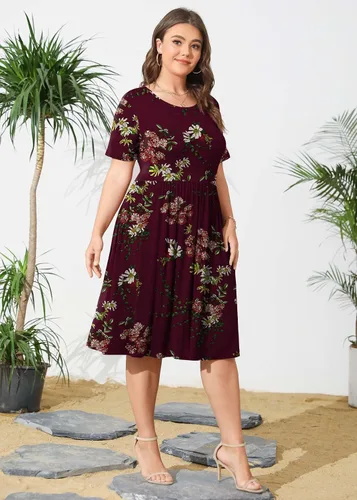 Vista 4 de POSESHE Vestido de verano para mujer, talla grande, 2023, casual, manga corta, cintura imperio, ajuste holgado, vestido de camiseta con bolsillos