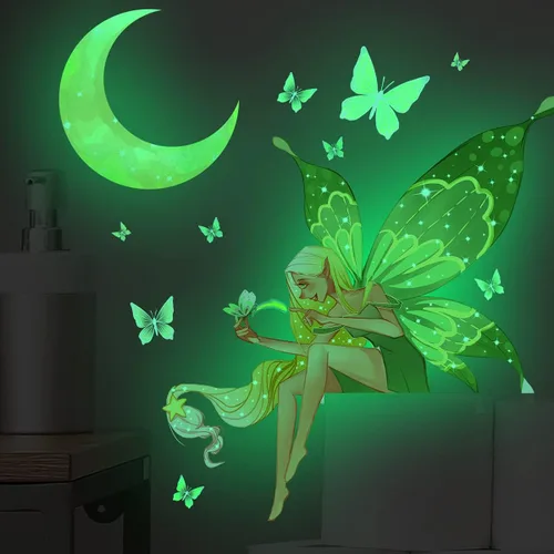 Vista 8 de Calcomanías luminosas de pared de sirena que brillan en la oscuridad, calcomanías de pared de princesa de dibujos animados, calcomanías de pared