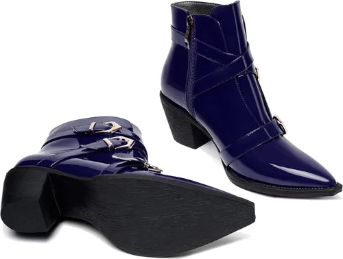 Vista 7 de SKYSTERRY Botas altas de tacón bajo grueso con cremallera y puntera puntiaguda para mujer, 2.5 pulgadas