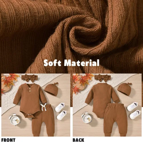 Vista 5 de Aalizzwell Traje acanalado de manga larga neutral para bebé con sombrero y diadema