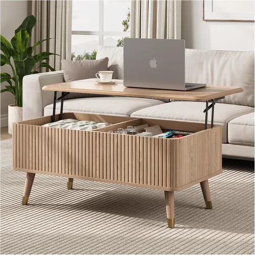 Vista 22 de JOINICE Mesa auxiliar ovalada de 42.5 pulgadas con almacenamiento, moderna mesa central negra con diseño estriado, patas de madera maciza
