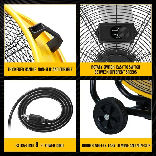 Vista 4 de Tornado - Ventilador de tambor metálico de 24" de alta velocidad, 7700 CFM, 3 velocidades, resistente para uso industrial y comercial, motor de 1/3