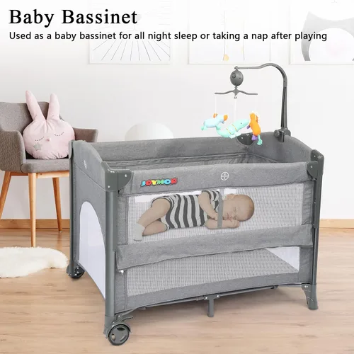 Vista 5 de Joymor Cama de noche para bebé, cambiador, moisés con colchón, cama plegable de viaje, con juguete, ruedas y freno, bolsa de transporte, para niños