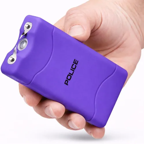 Vista 4 de Policía Stun Gun 800 Mini recargable LED linterna autodefensa púrpura