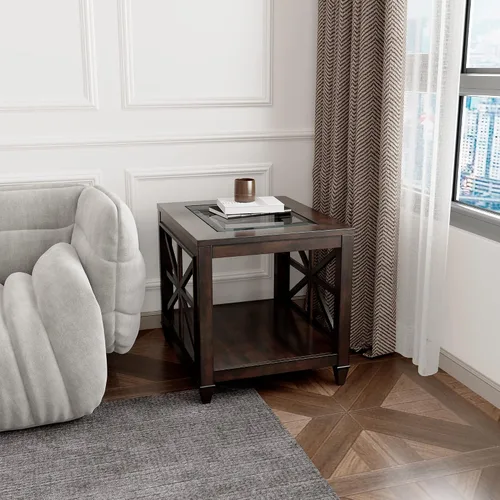 Vista 4 de LEEMTORIG Mesa auxiliar de vidrio de madera maciza para sala de estar, moderna mesa auxiliar grande de granja con almacenamiento, mesa auxiliar