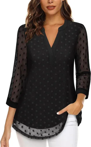 Vista 24 de Timeson - Blusas de manga de 3/4 para mujer, estilo casual, con cuello en V, camisas largas de vestir de doble capa, de malla Negro