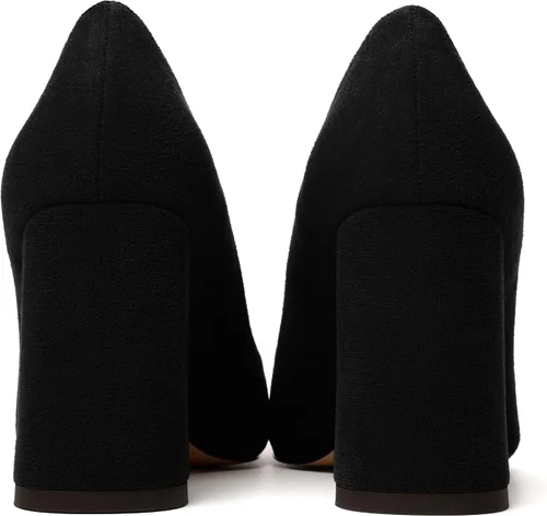 Vista 4 de MERRORI Zapatos de tacón alto y grueso para mujer, puntera puntiaguda, de gamuza, para oficina, sin cordones, zapatos de tacón de 3.3 pulgadas