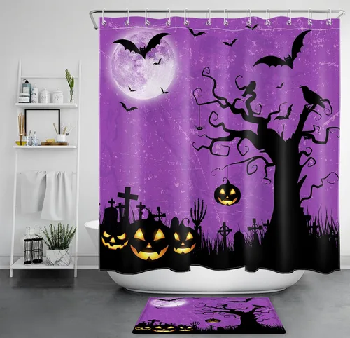 Vista 8 de EOBTAIN Cortina de ducha de cielo nocturno azul de Halloween para baño, espeluznante calabaza y murciélago en árbol muerto en cementerio aterrador