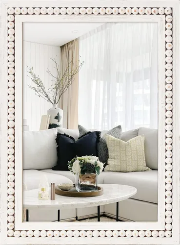 Vista 8 de H HOMEWINS Espejo rectangular rústico, espejo de madera de granja de 22 x 30 pulgadas, espejo de decoración de cuentas naturales talladas