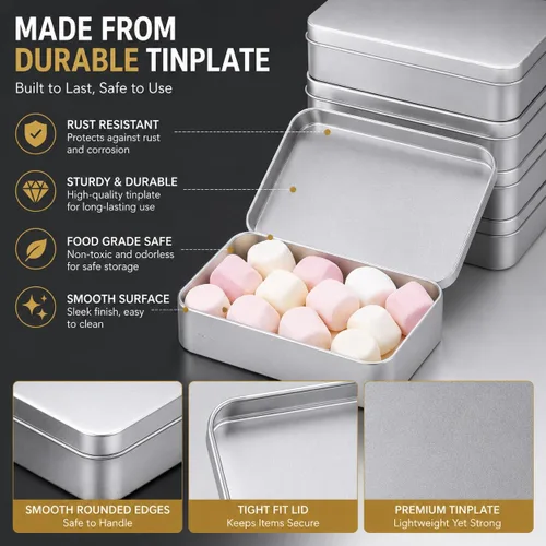 Vista 3 de Paquete de 8 cajas de latas de metal vacías con tapa, latas de galletas rectangulares de metal plateado para golosinas, regalos, regalos, velas