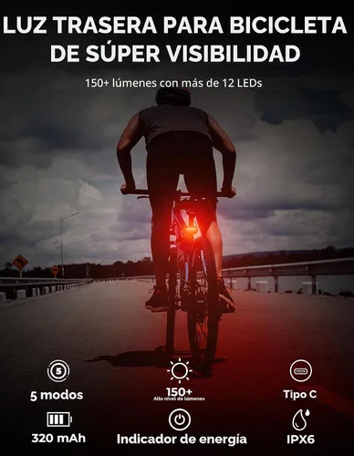 Vista 2 de Luz trasera de bicicleta recargable, IPX6 impermeable 220 amplia visibleSafety modo linterna carretera montaña paseo nocturno