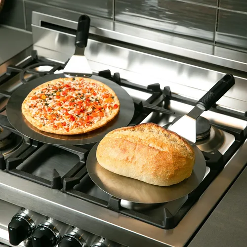Vista 5 de RSVP International Endurance Pizza Tool Collection - Espátula para horno, acero inoxidable de 10 pulgadas de diámetro, mango en ángulo de silicona