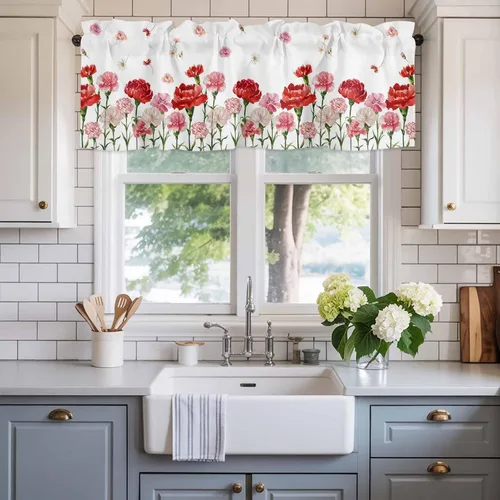 Vista 2 de Cenefa floral para ventanas, cortinas de clavel rojo y rosa, cenefas con bolsillo para barra, cenefa de ventana para primavera, vacaciones, día