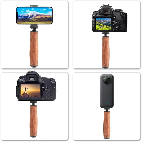Vista 5 de Mango de madera para cámara, agujero universal de tornillos de 1/4 pulgadas, diseño de madera de pera, para cámara, lámpara de video LED, teléfono