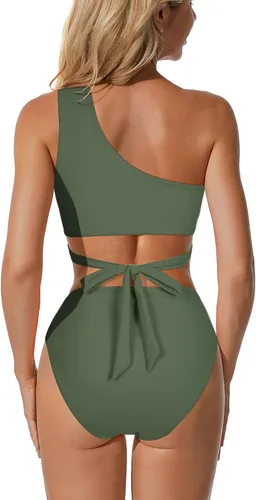 Vista 2 de OMKAGI Conjunto de bikini de cintura alta con corte de un hombro para mujer, traje de baño de 2 piezas