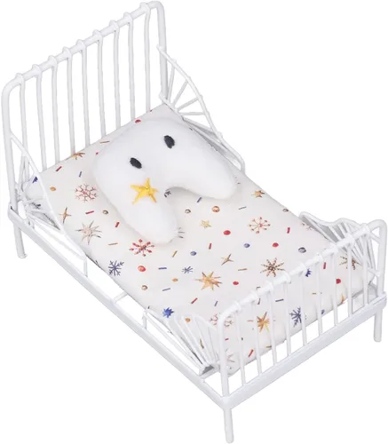 Vista 6 de Cama de metal para casa de muñecas de 1/12, almohada con patrón de estrellas, muebles en miniatura para coleccionistas, constructores de modelos