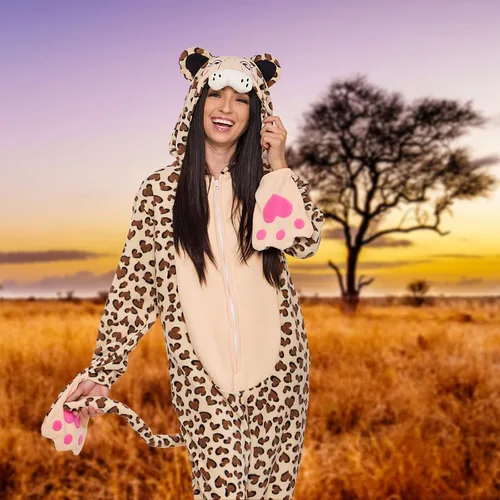 Vista 2 de Funziez! Slim Cat and Bear Adult Onesie - Leopard Halloween Costume - Plush Animal One Piece Cosplay Suit for Adults Women