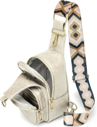 Vista 4 de SVIWDSK Bolso bandolera pequeño para mujer, bolso cruzado de cuero, riñonera, cangurera, bolsa de pecho para viajes y uso diario, Beige