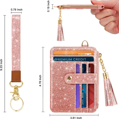 Vista 5 de Cartera delgada RFID para tarjetas de crédito pequeña y bonita cartera para mujeres con bolsillo con cremallera y llavero, Escarcha Oro rosa, Piel