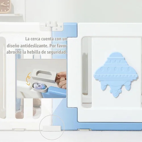 Vista 6 de Bestgame - Corralito para bebés - 14 paneles extragrandes plegables para niños pequeños, valla portátil en forma de OVNI, puerta, patio - Azul