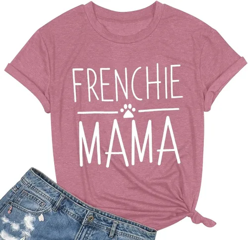 Vista 15 de Camiseta de manga corta con texto en inglés «Frenchie Mama», con estampado de letras para mujer, estilo casual