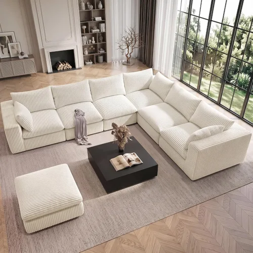 Vista 32 de 118" Cloud Couch Oversized Modular Sectional Sofa, Boneless L-Shaped 6 Seater Deep Seat Couch with Ottoman, Soft Corduroy Upholstery, DIY Negro