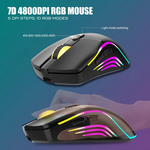 Vista 5 de RedThunder Combo de teclado y mouse inalámbricos K20, teclado antifantasma de tamaño completo con teclas multimedia + mouse óptico 7D 4800DPI, juego