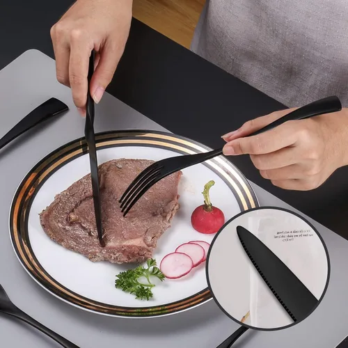 Vista 6 de Lemeya Juego de cubiertos negros de 24 piezas con cuchillos para carne, juego de cubiertos de acero inoxidable 18/10 forjado para 4, juego