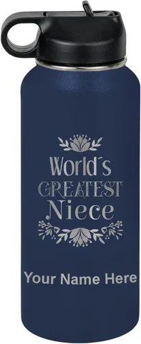 Vista 51 de LaserGram Botella de agua con tapa abatible de doble pared de 12 onzas con pajilla, sobrina más grande del mundo, grabado personalizado incluido