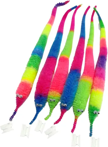 Vista 2 de SHENGSEN 6 piezas de gusanos peludos de arcoíris, gusanos complicados en cuerda, juguetes a granel, recuerdos de fiesta de carnaval para niños