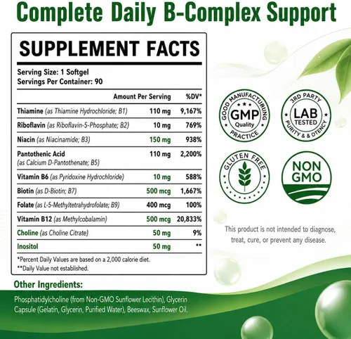 Vista 2 de Methylated B Complex,Liposomal Methyfolate 5-MTHF,Methylated B12 Complex,Ultra High Absorption with Choline Inositol-Supports Methylation,Energy and