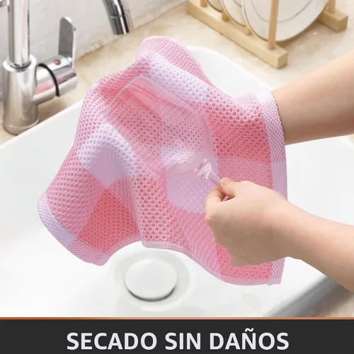 Vista 3 de Homaxy 100% Cotton Check 6 Pack Dish Cloths, 12" x 12", White & Pink Blanco & Rosa