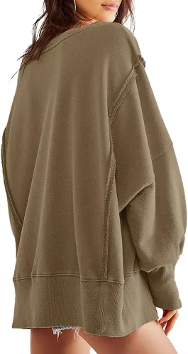 Vista 2 de Beaully Sudaderas de gran tamaño para mujer, cuello redondo, manga larga, abertura lateral, suéter casual para otoño