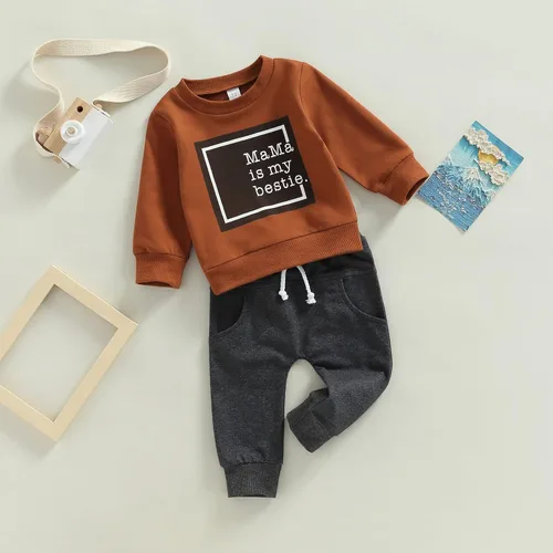 Vista 3 de Conjunto de 2 piezas de ropa de manga larga con estampado de letras, sudadera sin botones, pantalones largos con cordón, para otoño e invierno