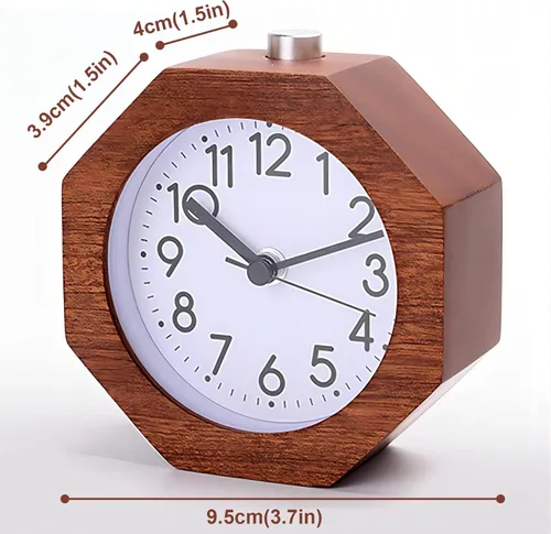 Vista 9 de Reloj despertador analógico de madera, 3 pulgadas, silencioso, silencioso, con números arábigos, función de repetición de retroiluminación, funciona