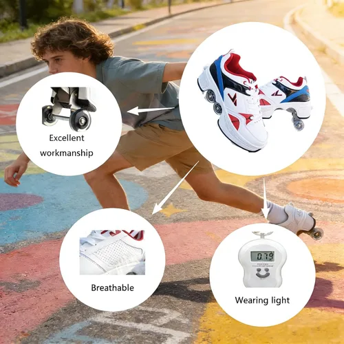 Vista 6 de Tenis unisex 2 en 1 para patinaje con ruedas retráctiles de doble fila de 4 ruedas para niños, adultos, hombres y mujeres, para interiores