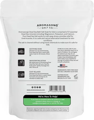 Vista 8 de Aromasong Sal del Mar Muerto para niños con aloe vera - Calmante, calmante y listo para dormir - Paquete resellable a granel de grano fino de 4