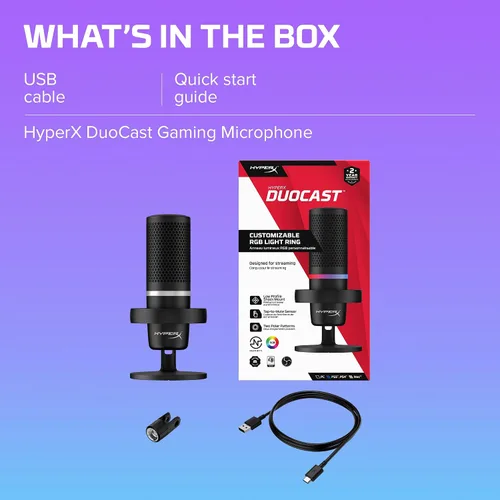 Vista 17 de HyperX DuoCast - Micrófono condensador USB RGB para PC, PS5, PS4, Mac, montaje de choque de bajo perfil, cardioide, omnidireccional, filtro pop